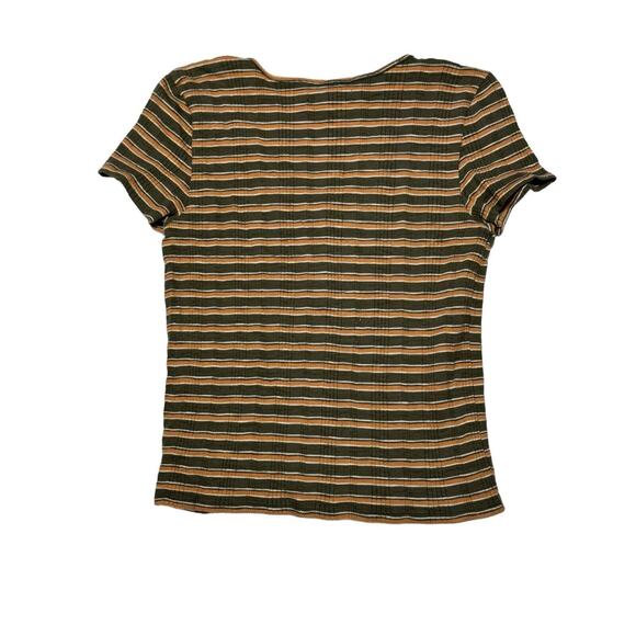 American Eagle Cropped Ribbed Striped Button Down Shirt Small Green Orange - Picture 6 of 6